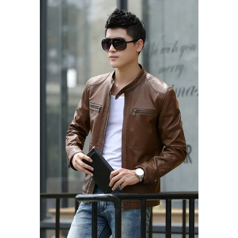 5XL Men's Slim Synthetic Leather Motorcycle Coat Jackets with Stand Collar