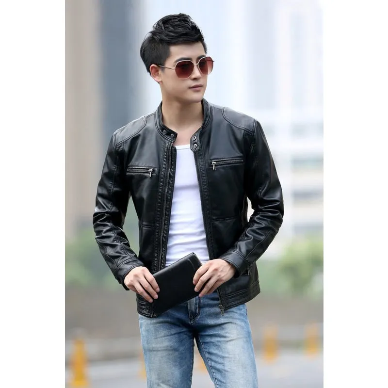 5XL Men's Slim Synthetic Leather Motorcycle Coat Jackets with Stand Collar