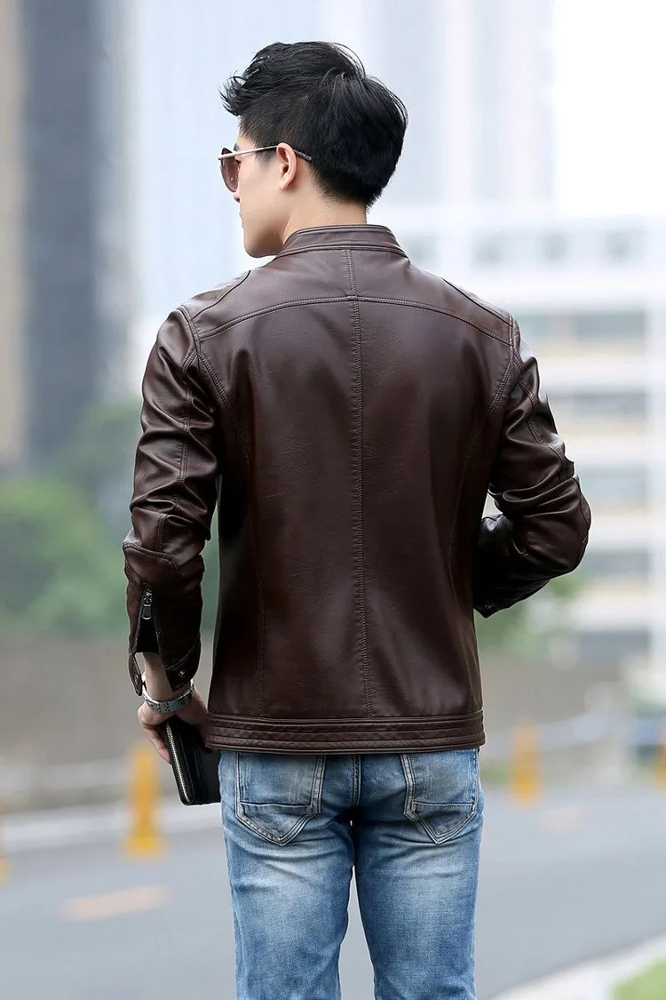 5XL Men's Slim Synthetic Leather Motorcycle Coat Jackets with Stand Collar