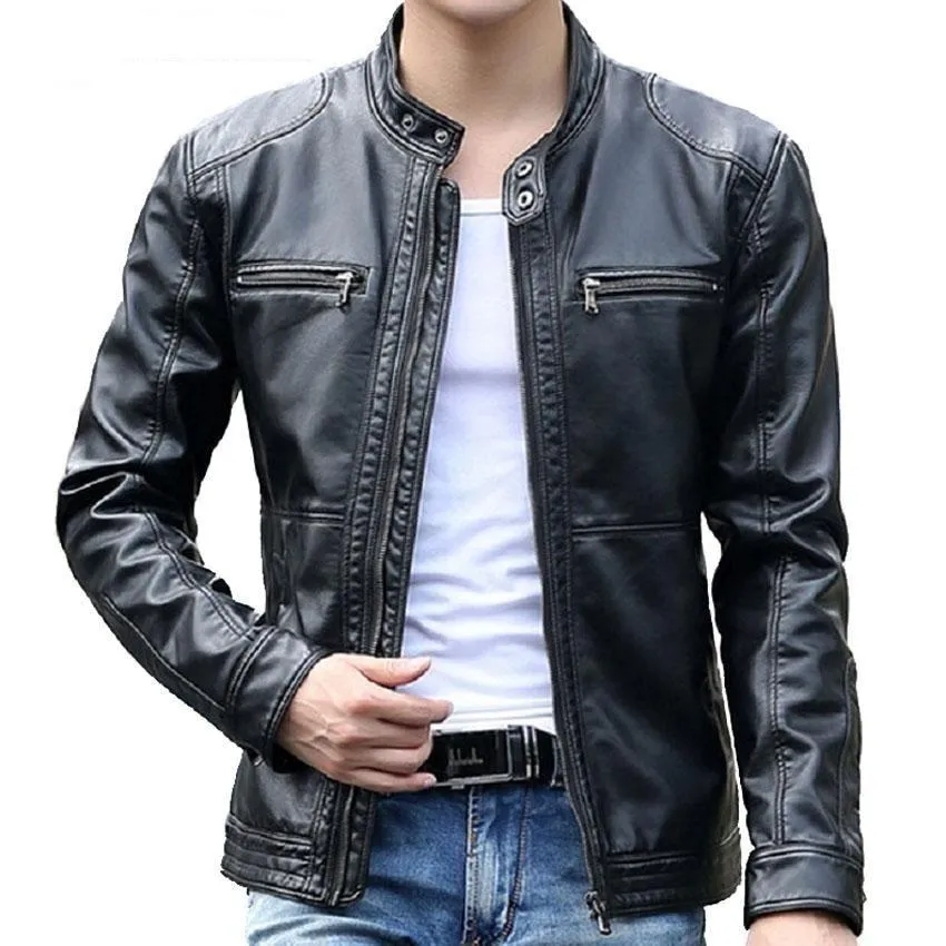 5XL Men's Slim Synthetic Leather Motorcycle Coat Jackets with Stand Collar