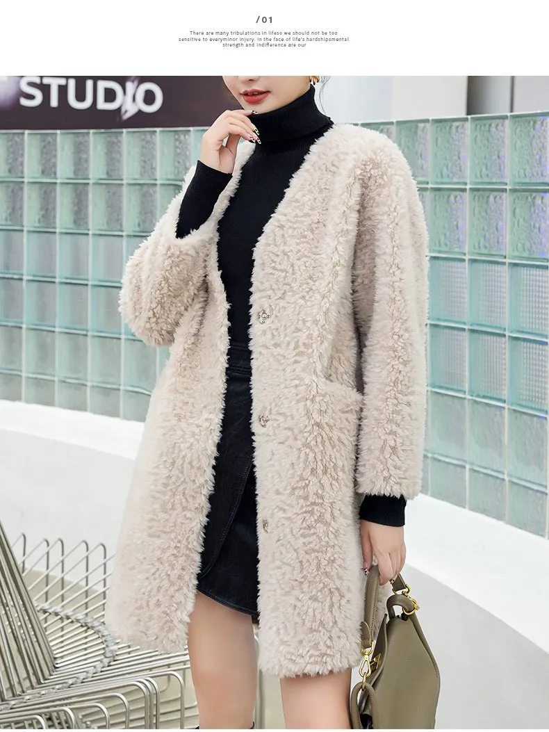 Autumn Winter Elegant Female Sheep Shearling Wool V-Neck Coats & Jackets