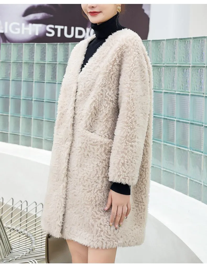 Autumn Winter Elegant Female Sheep Shearling Wool V-Neck Coats & Jackets