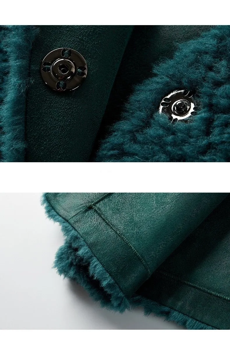 Autumn Winter Elegant Female Sheep Shearling Wool V-Neck Coats & Jackets