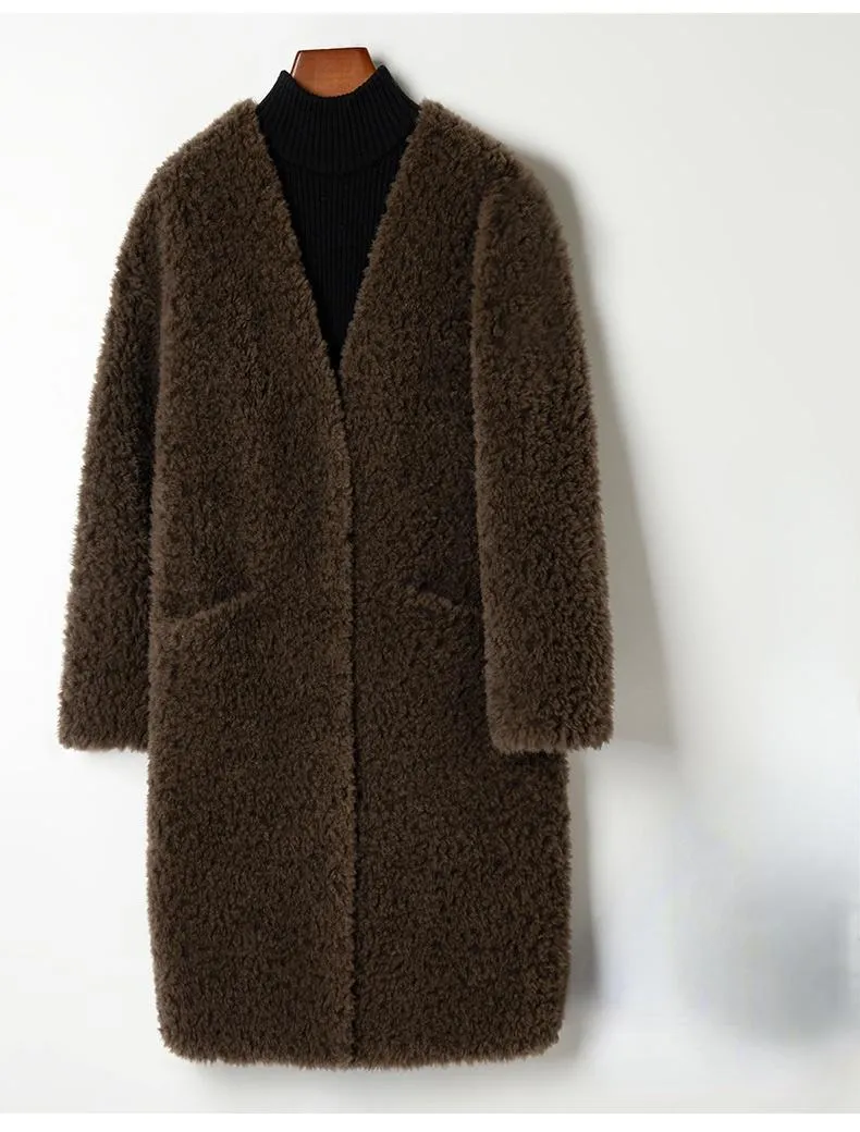 Autumn Winter Elegant Female Sheep Shearling Wool V-Neck Coats & Jackets