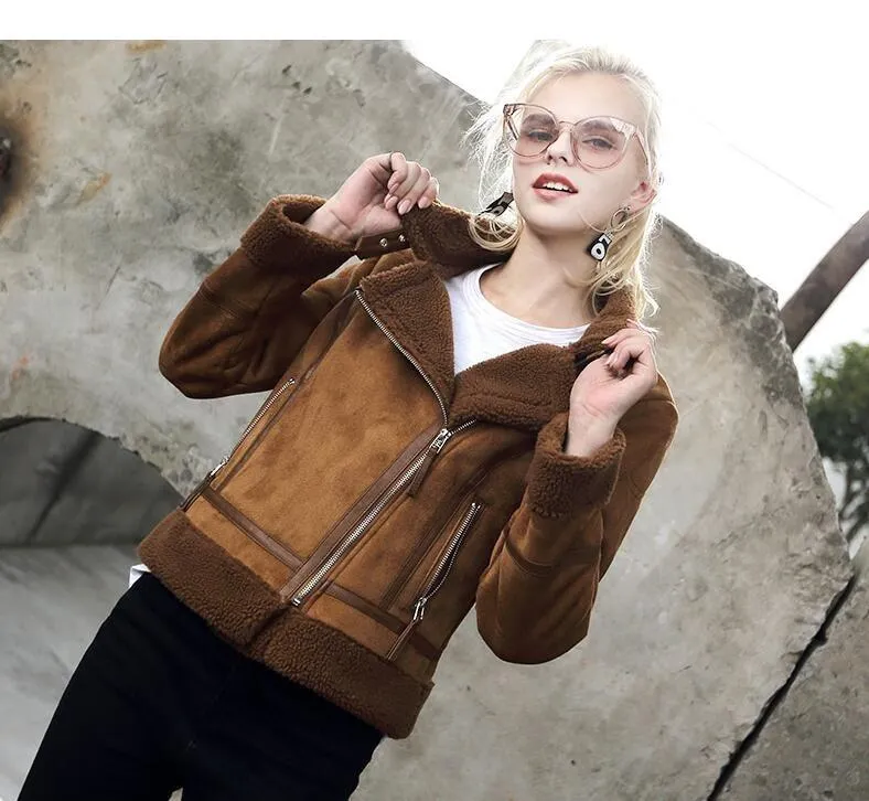 Autumn Winter Synthetic Shearling Sheepskin Thick Suede Jackets for Women