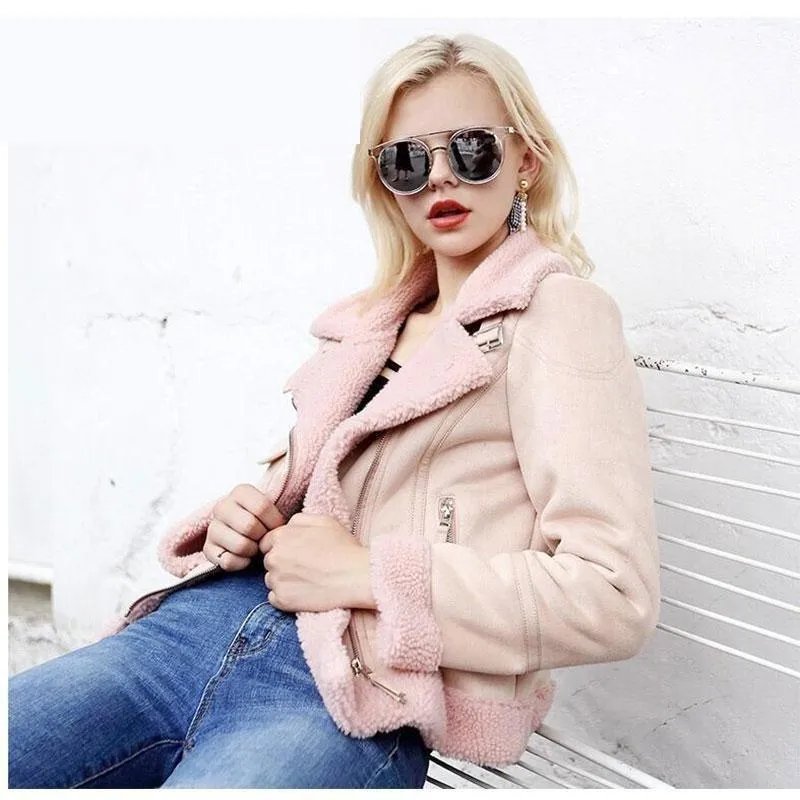 Autumn Winter Synthetic Shearling Sheepskin Thick Suede Jackets for Women