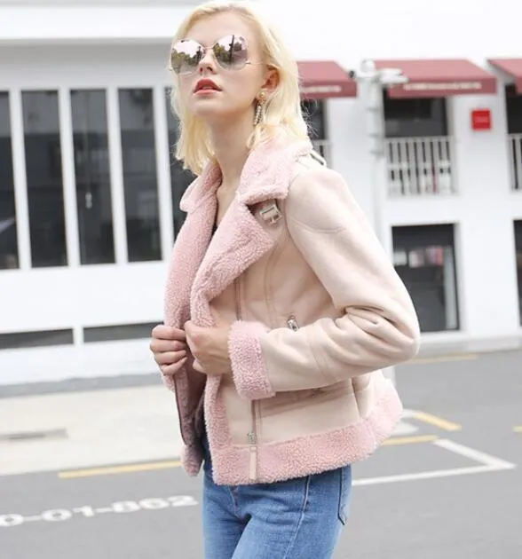 Autumn Winter Synthetic Shearling Sheepskin Thick Suede Jackets for Women