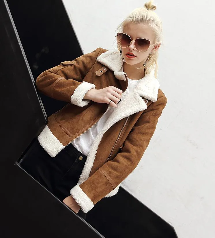 Autumn Winter Synthetic Shearling Sheepskin Thick Suede Jackets for Women