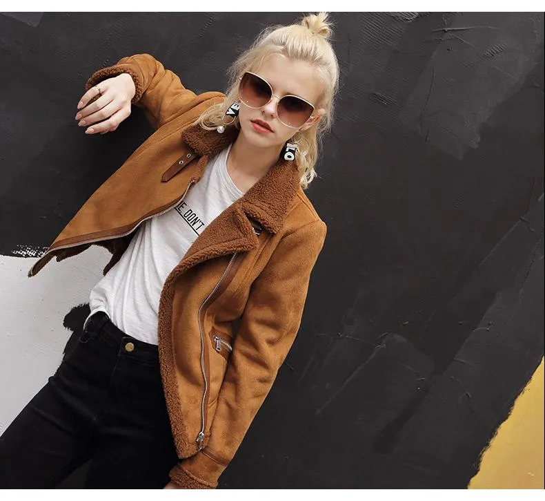 Autumn Winter Synthetic Shearling Sheepskin Thick Suede Jackets for Women