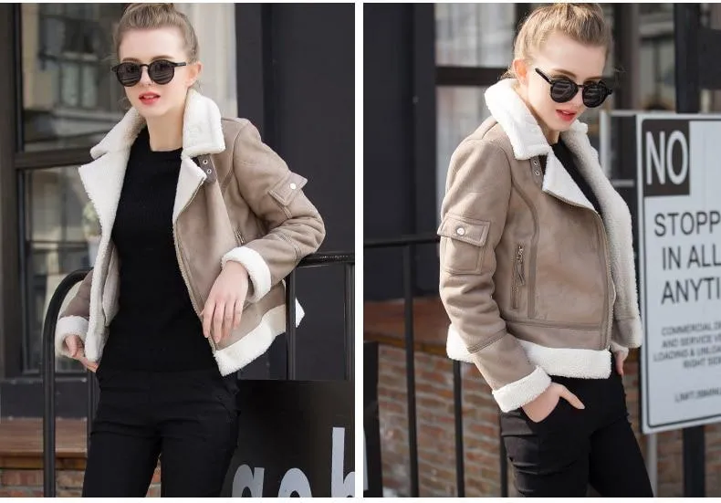 Autumn Winter Synthetic Shearling Sheepskin Thick Suede Jackets for Women