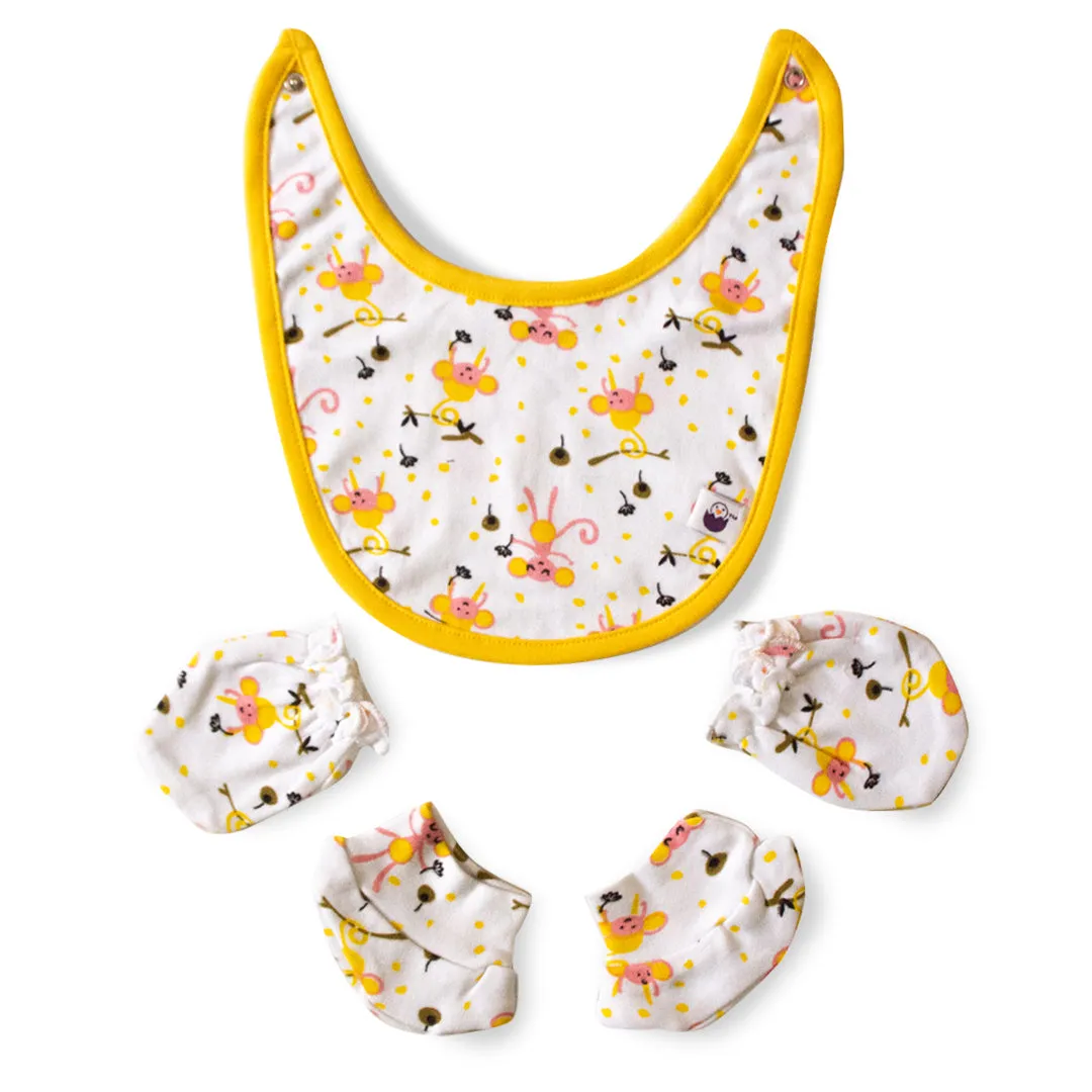 Bib, Mittens & Socks Newborn Set - Cute Pattern | Soft & Premium Cotton