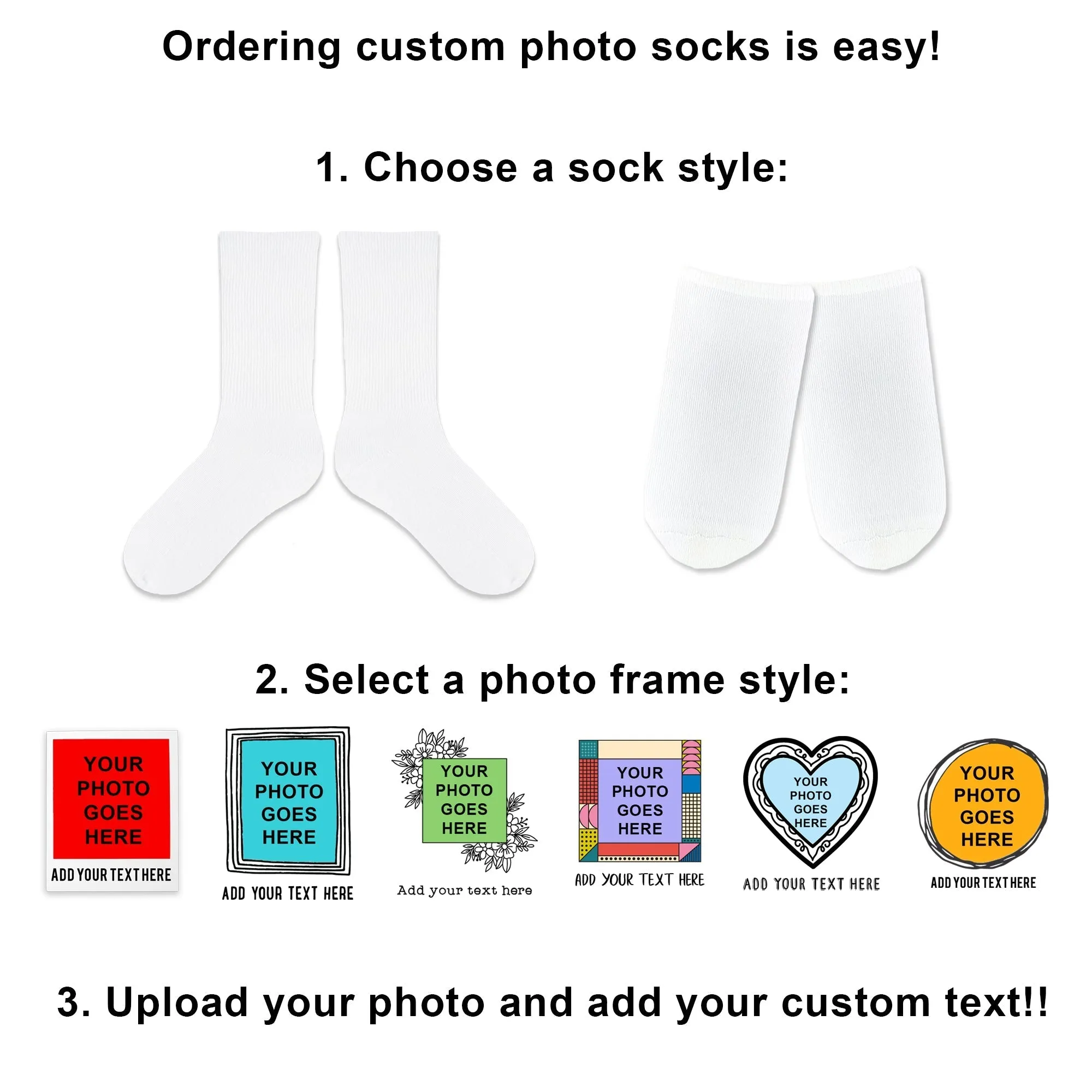 Custom Photo in Mod Frame with Your Text Printed on Socks