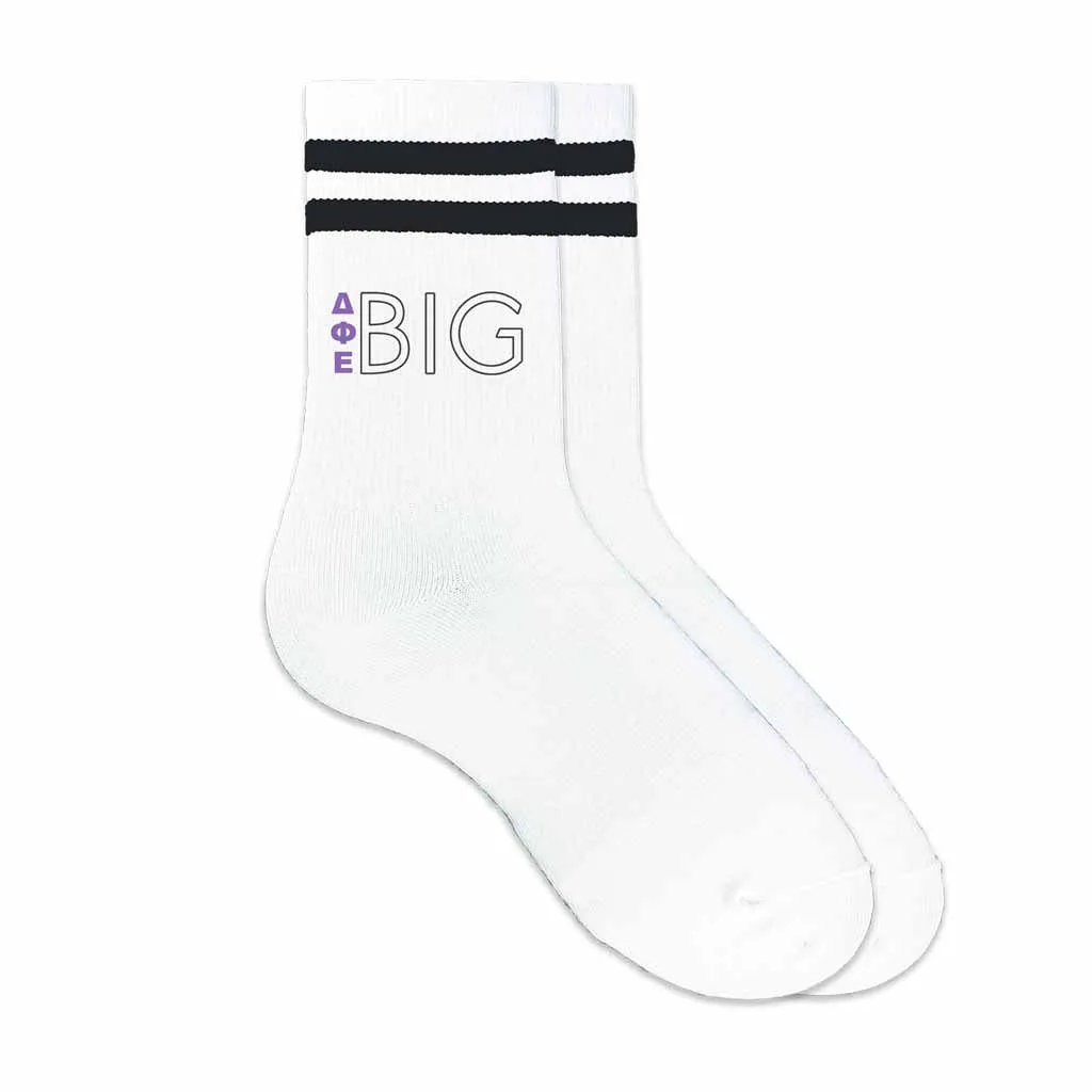 Delta Phi Epsilon Sorority Socks for your Big and Little with Greek Letters on Striped Cotton Crew Socks