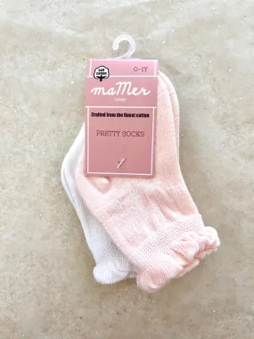 Ma Mer Frilly Crew Socks 2 pack - Light Pink/White