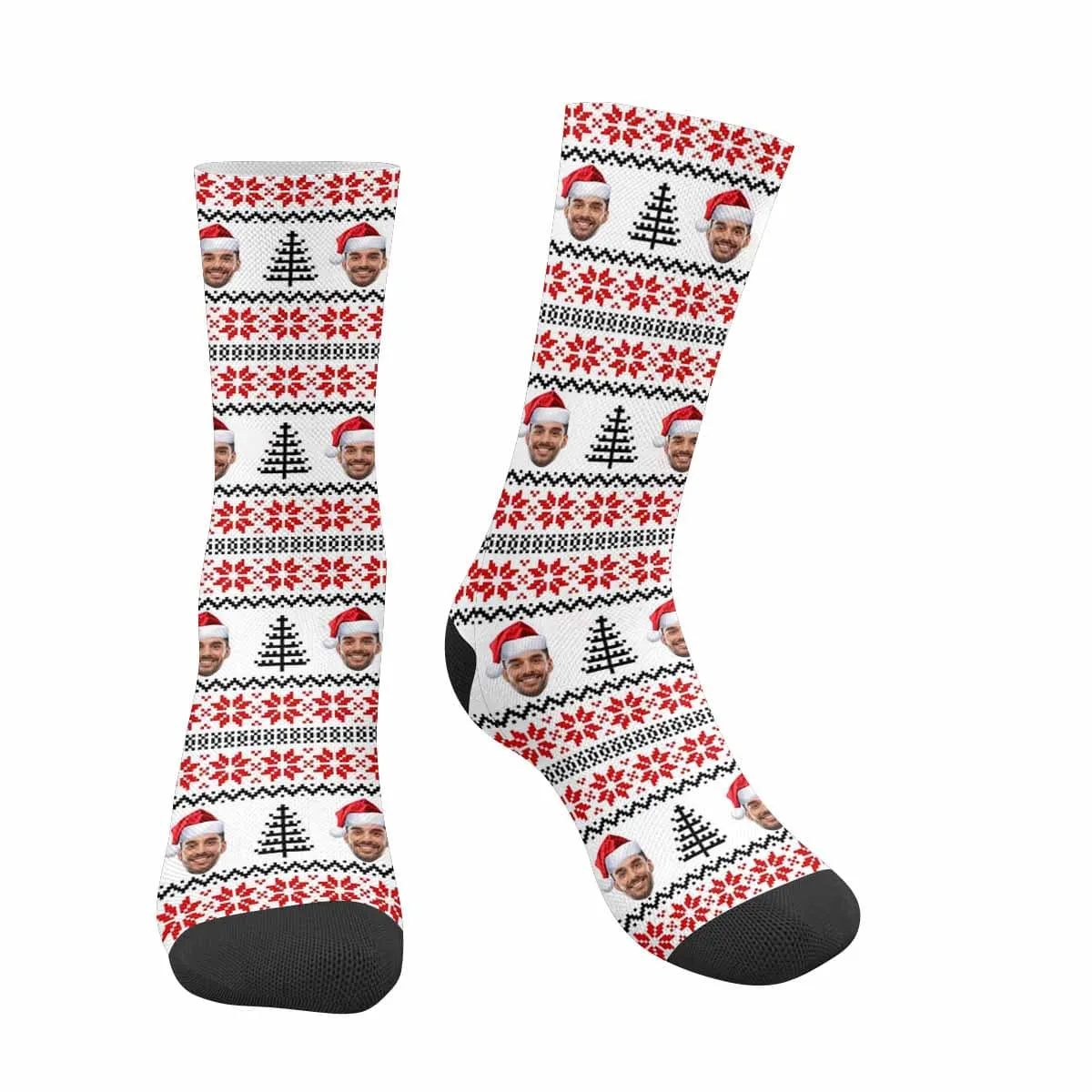 [Made In USA]Custom Face Sublimated Crew Socks Red Pattern Personalized Photo Socks Gift for Christmas