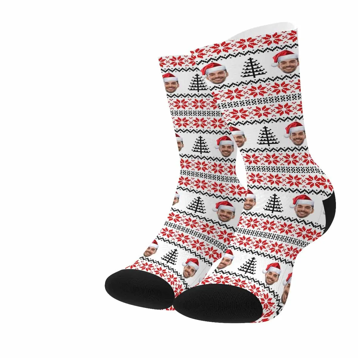 [Made In USA]Custom Face Sublimated Crew Socks Red Pattern Personalized Photo Socks Gift for Christmas