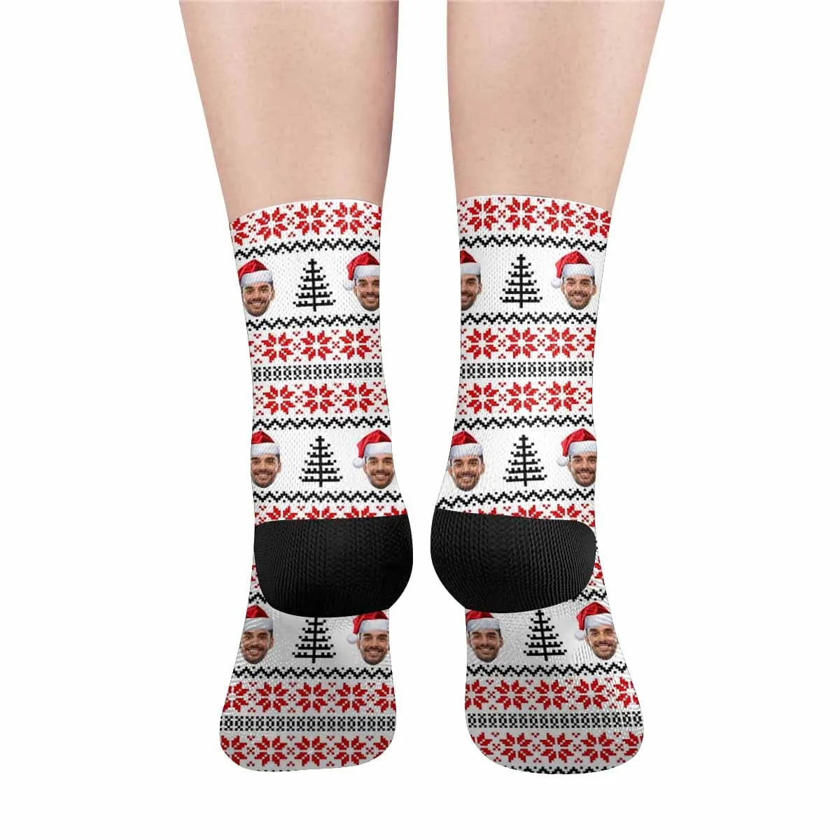 [Made In USA]Custom Face Sublimated Crew Socks Red Pattern Personalized Photo Socks Gift for Christmas