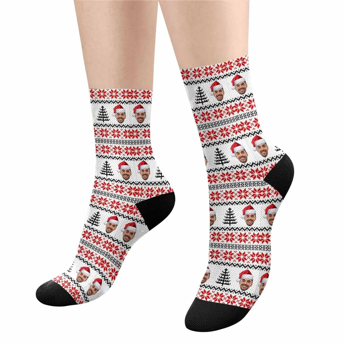 [Made In USA]Custom Face Sublimated Crew Socks Red Pattern Personalized Photo Socks Gift for Christmas