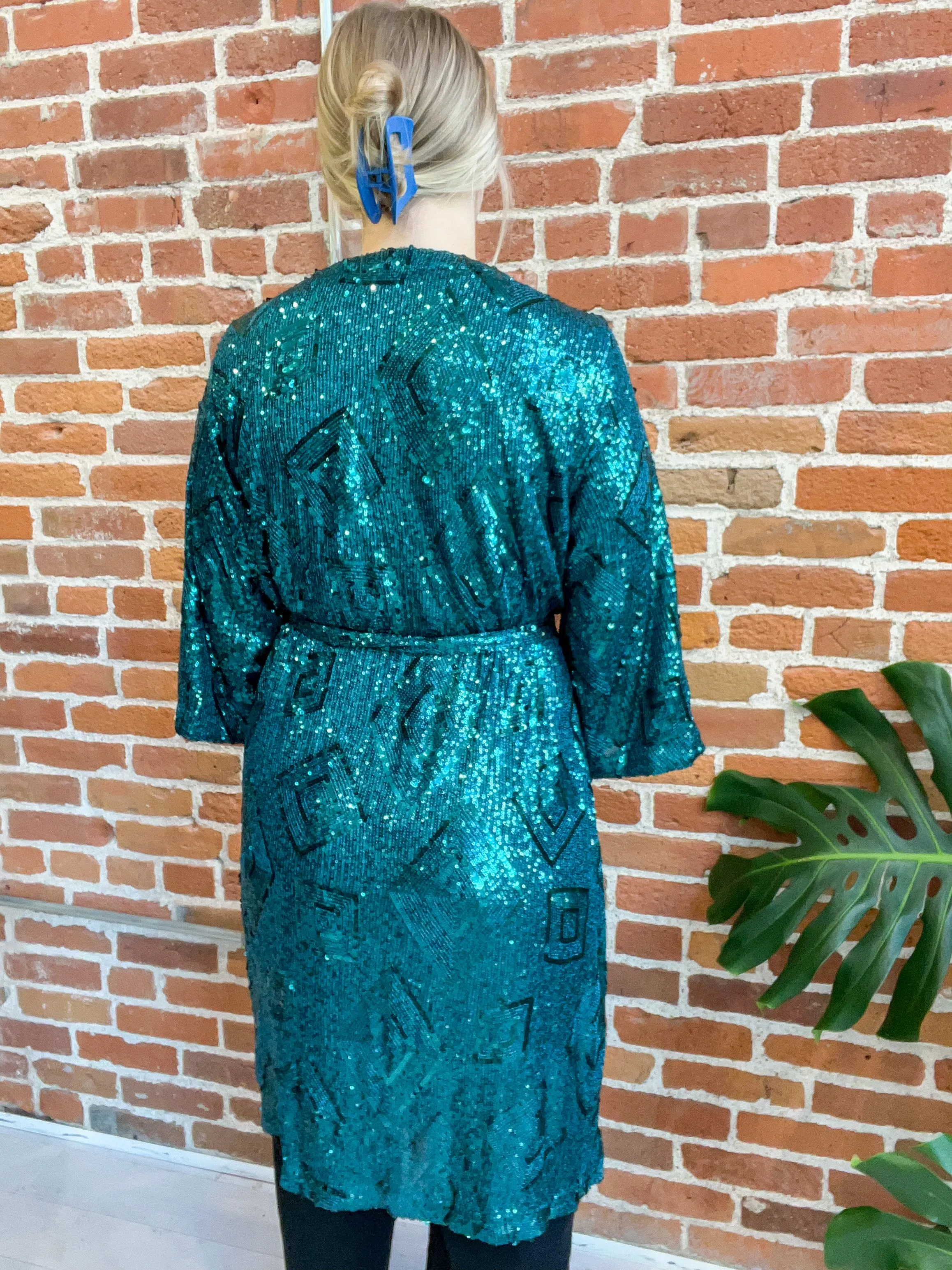 Makenna Sequin Wrap Duster in Green - FINAL SALE