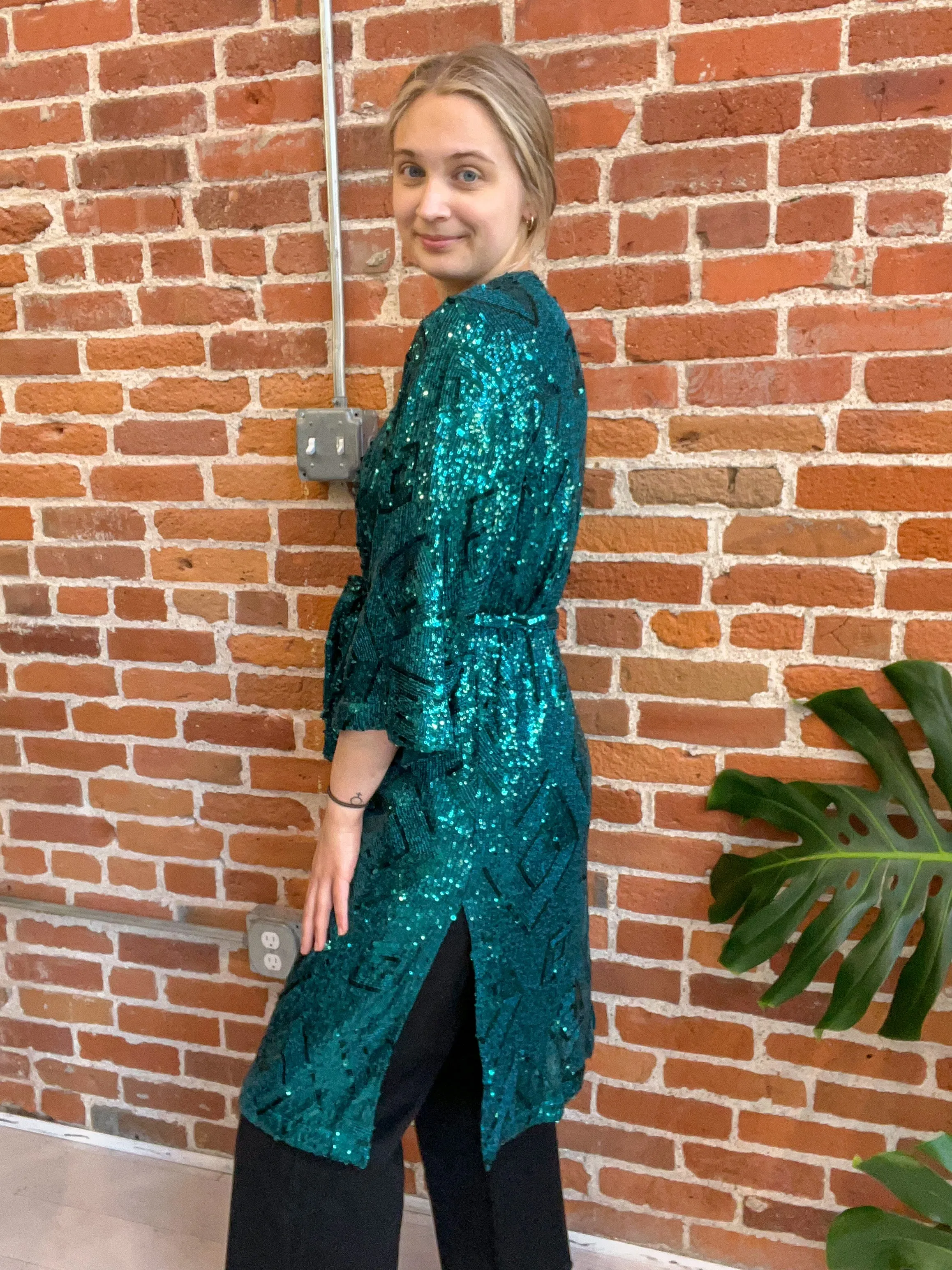 Makenna Sequin Wrap Duster in Green - FINAL SALE