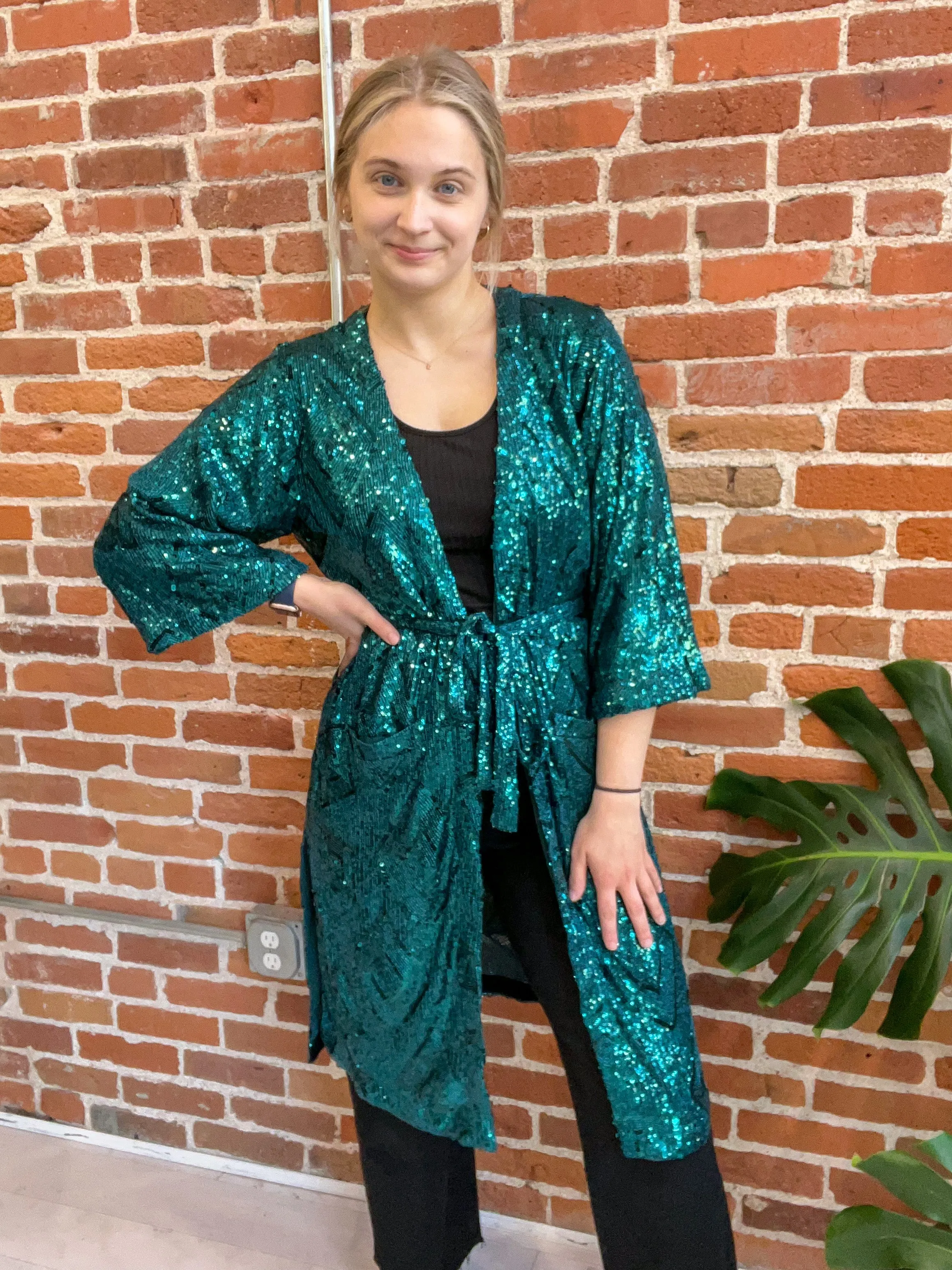 Makenna Sequin Wrap Duster in Green - FINAL SALE