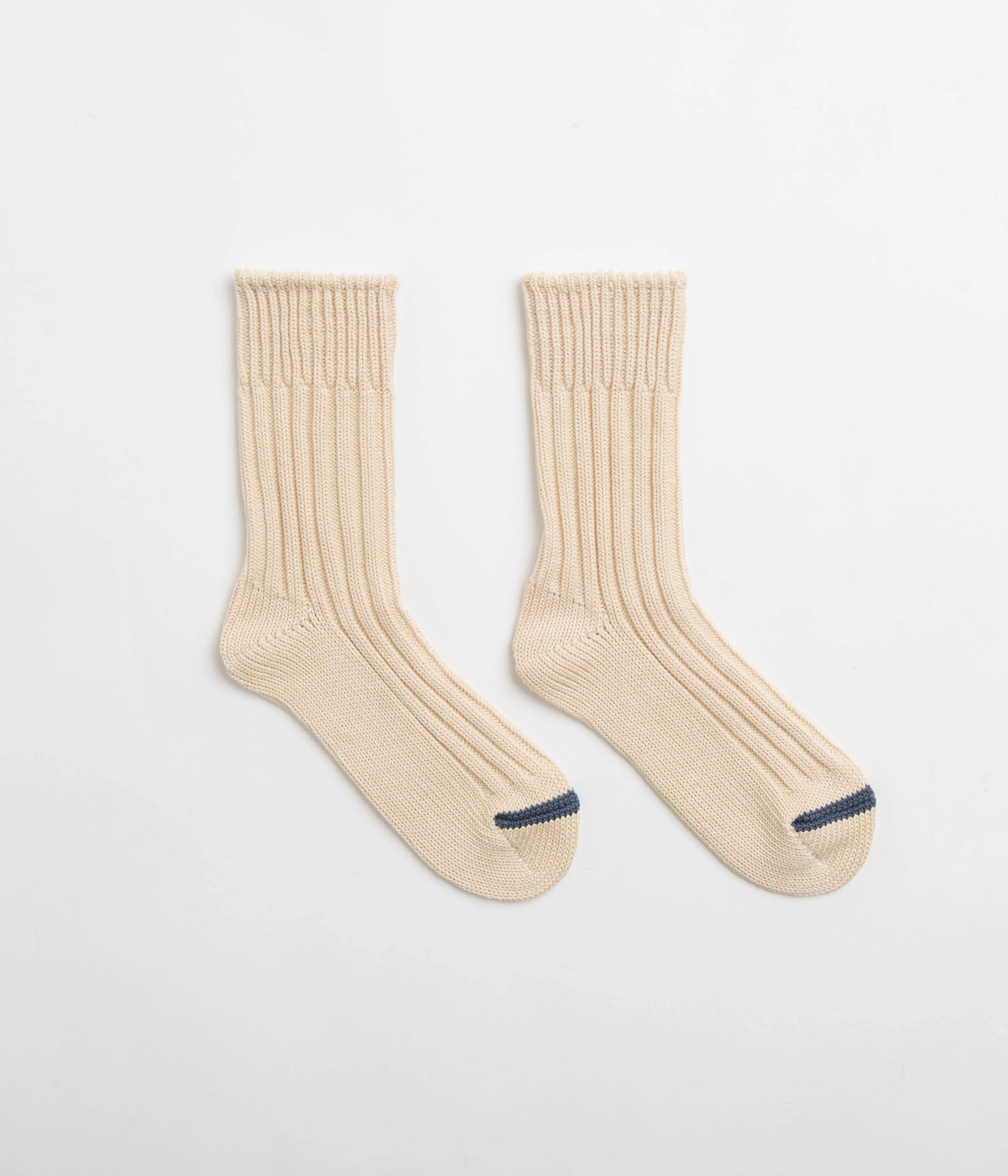 RoToTo Chunky Ribbed Crew Socks - Raw Beige / Dark Blue