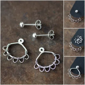 Silver Wire Wrapped Ear Jacket Earrings, Tiny Petals