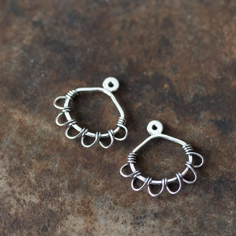 Silver Wire Wrapped Ear Jacket Earrings, Tiny Petals