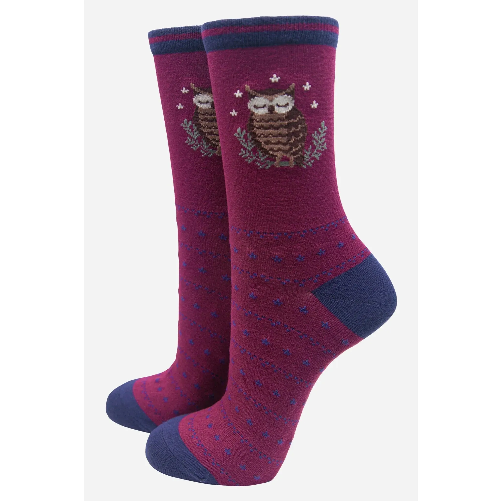 Womens Maroon Novelty Bamboo Owl Socks